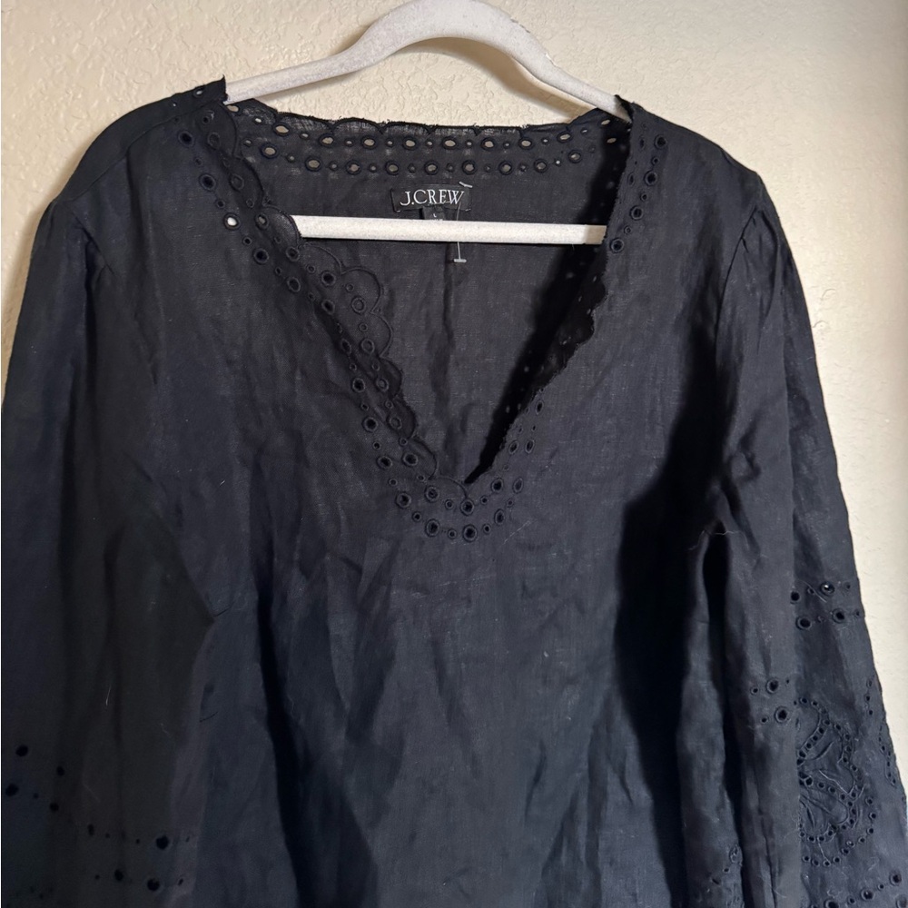 J. Crew Bungalow embroidered eyelet long sleeve linen top size large in black - Picture 3 of 7